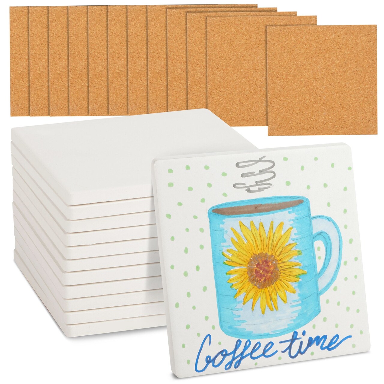 4 Inch Square Ceramic Tiles for Crafts with Cork Backing Pads, 12 Pack of  Unglazed White DIY Coasters for Painting